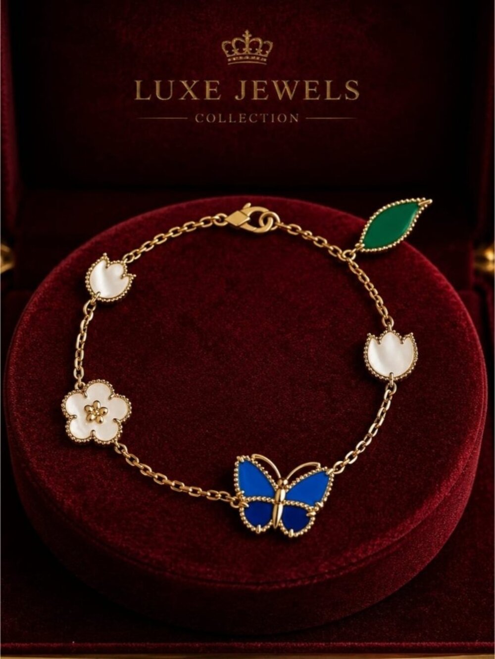 Gold Butterfly & Floral Bracelet in Blue, White & Green